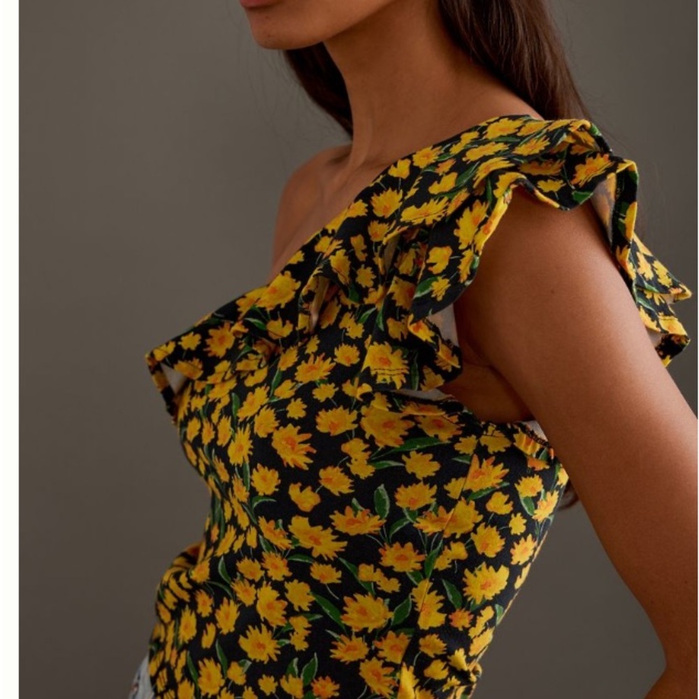 Anthropologie Maeve One-Shoulder Ruffled Top NWT Medium Floral Yellow Flowers - Picture 2 of 11